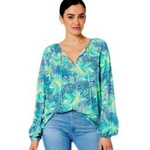 Pappagallo Women's Long Sleeve Tie Neck Printed Colette Top Blue/Green Sz Large